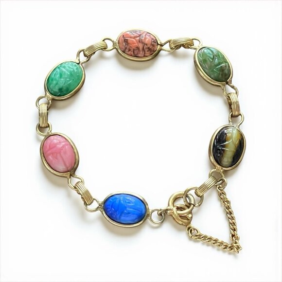 Vintage Scarab Bracelet Art Glass Gold Tone Egyptian Revival 1970s Boho Cabochon - Picture 12 of 12